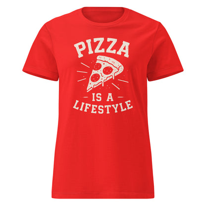 Red t-shirt with 'Pizza is a Lifestyle' text and pizza graphic on a white background
