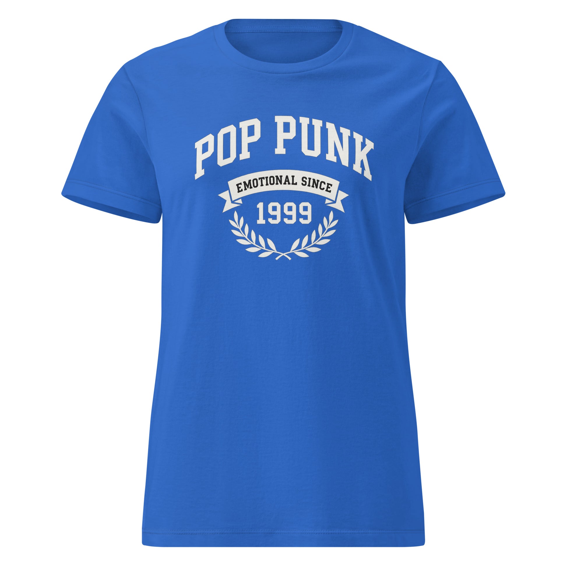 Blue t-shirt with 'Pop Punk Emotional Since 1999' text on a white background