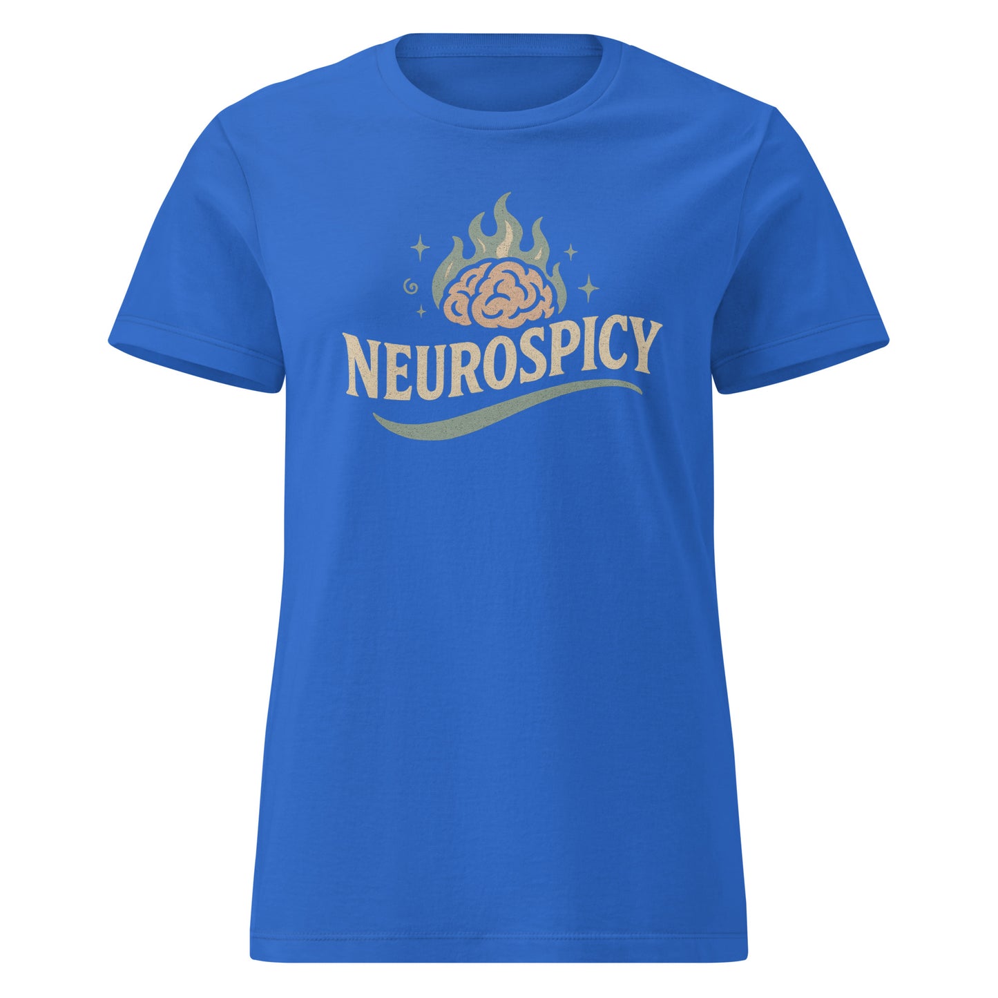 Blue t-shirt with 'NEUROSPICY' design on a white background