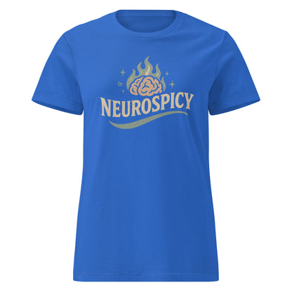Blue t-shirt with 'NEUROSPICY' design on a white background