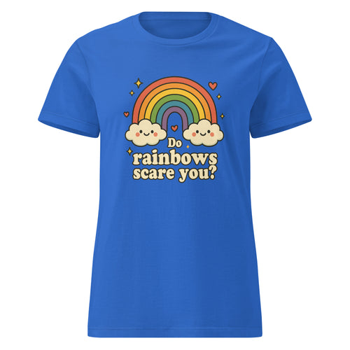 Blue t-shirt with a rainbow and cloud design on a white background
