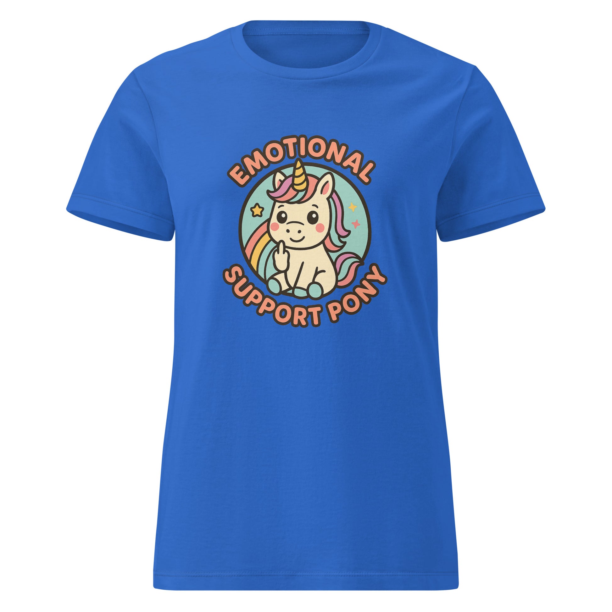 Blue t-shirt with a unicorn graphic and 'Emotional Support Pony' text on a white background