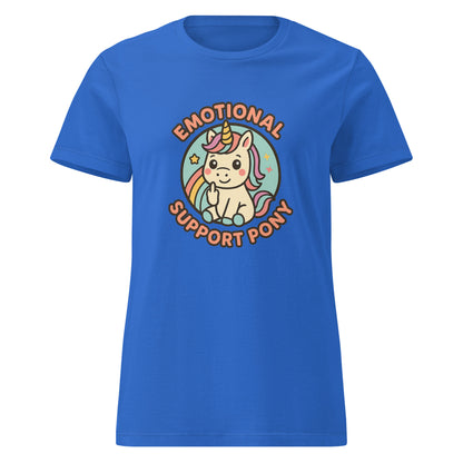 Blue t-shirt with a unicorn graphic and 'Emotional Support Pony' text on a white background