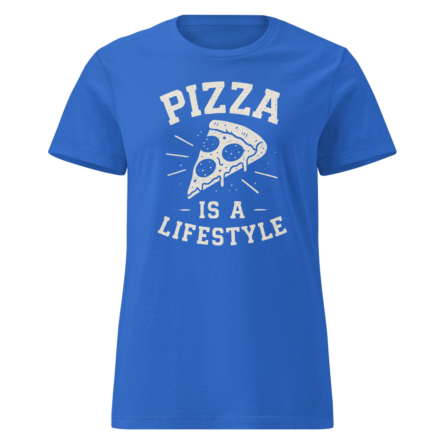 Blue t-shirt with 'Pizza is a Lifestyle' text and graphic on a white background