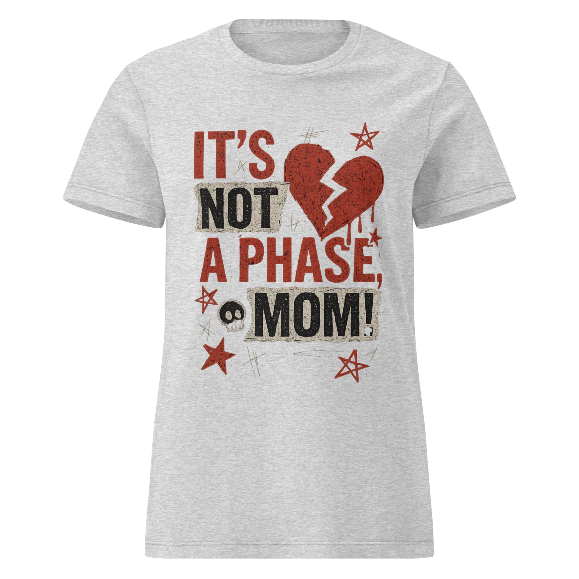 Gray t-shirt with a graphic design featuring text and a broken heart on a white background