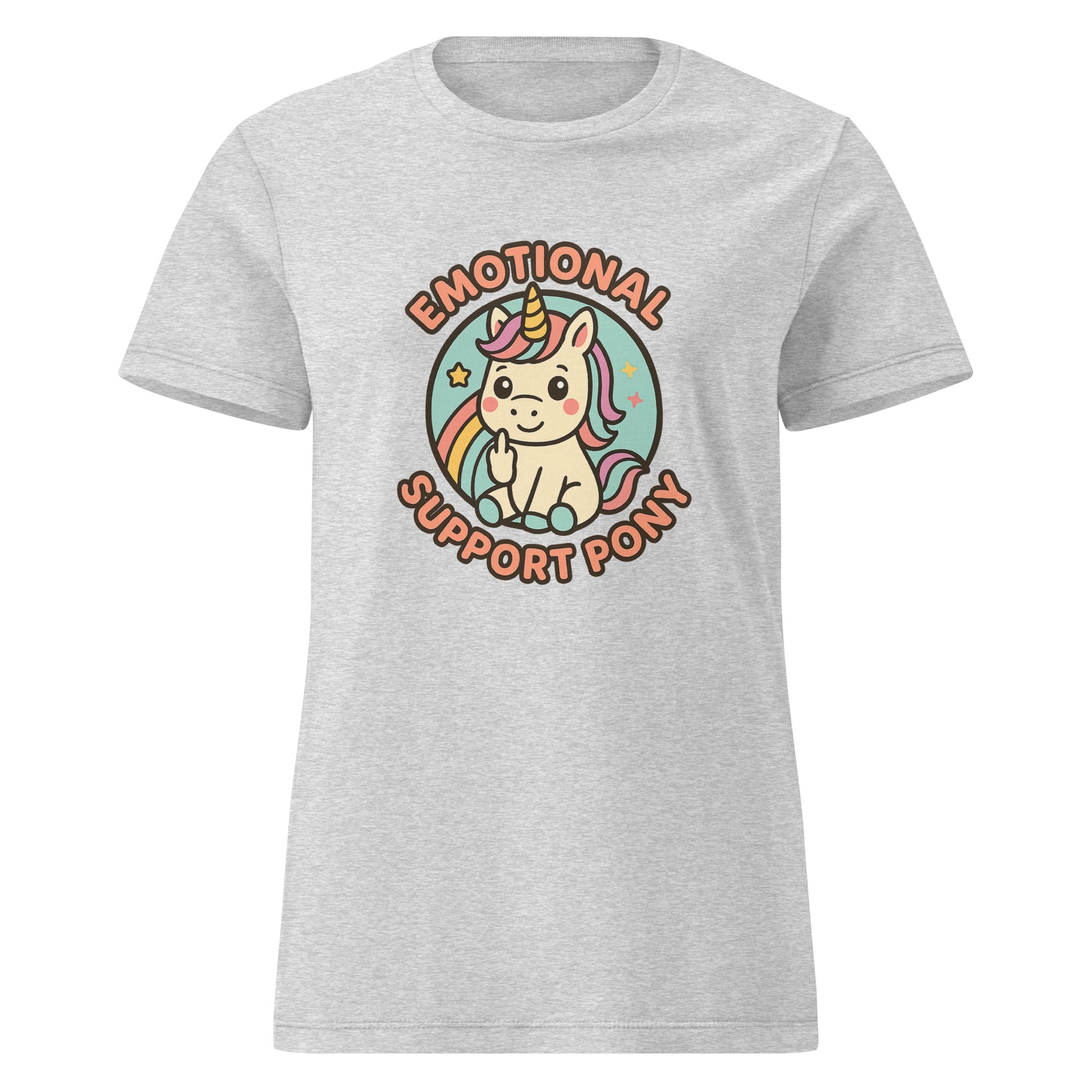 Gray t-shirt with a unicorn graphic and 'Emotional Support Pony' text on a white background