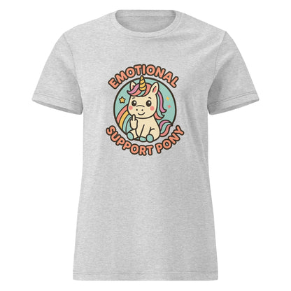 Gray t-shirt with a unicorn graphic and 'Emotional Support Pony' text on a white background
