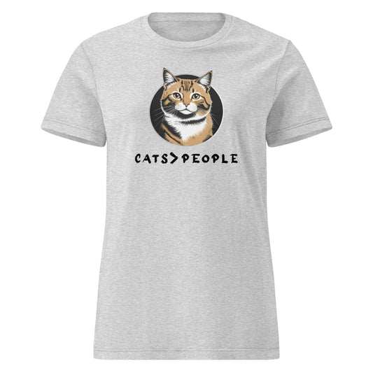 Gray t-shirt with a cat graphic and 'CATS > PEOPLE' text on a white background