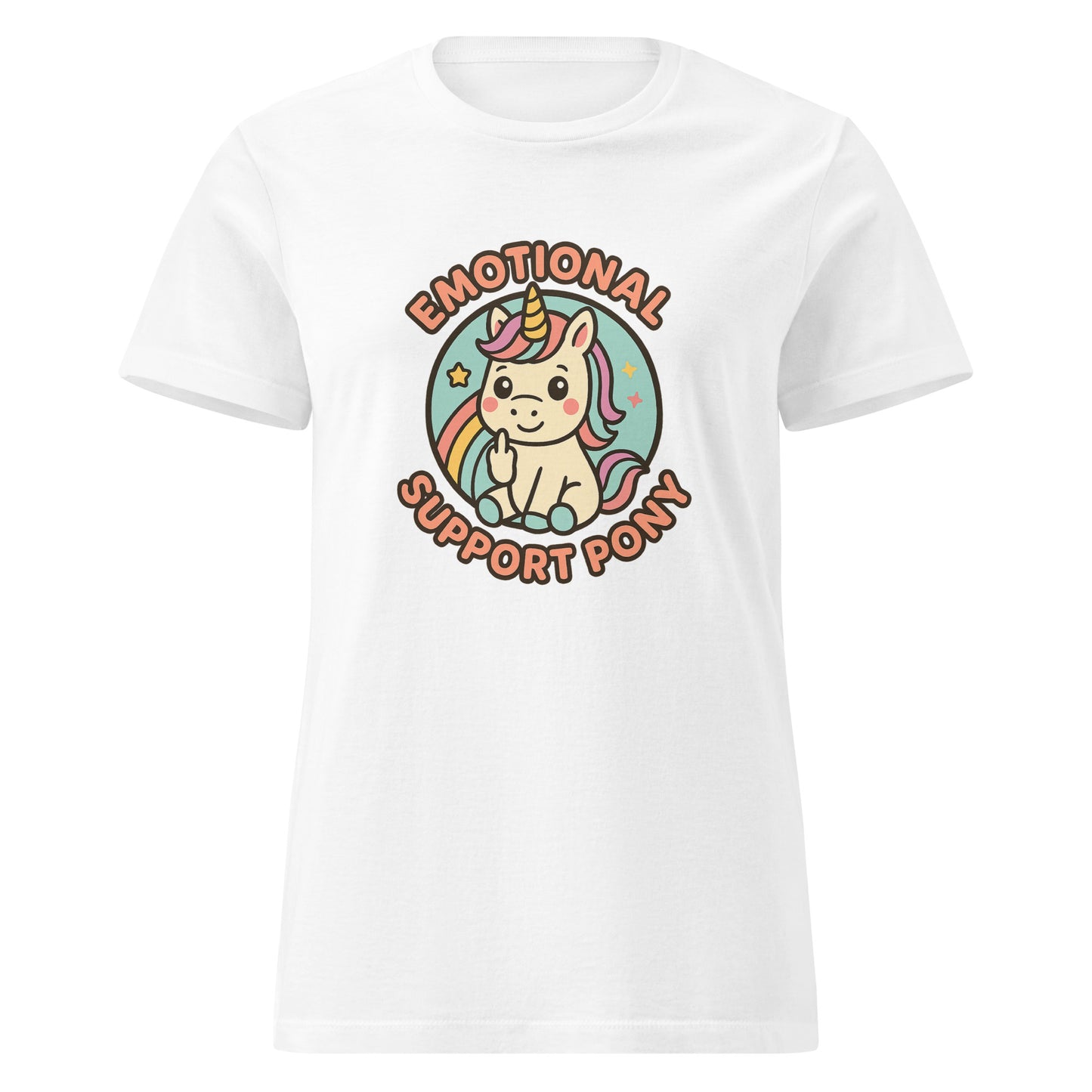 White t-shirt with a colorful unicorn graphic and text on a white background