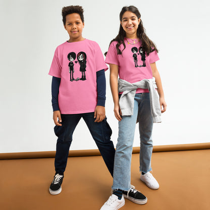 Two children wearing pink t-shirts with a graphic design on a white background.