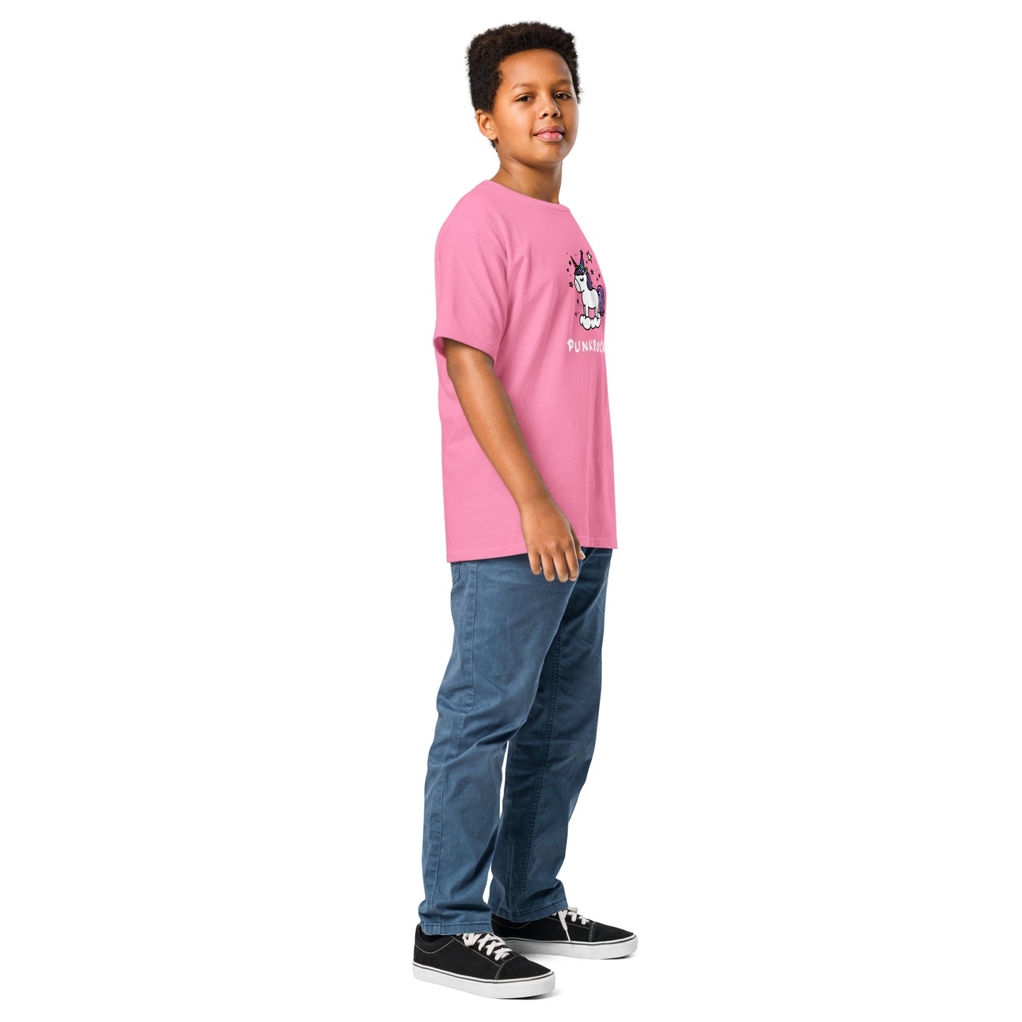 Child wearing a pink t-shirt with a graphic design on a white background