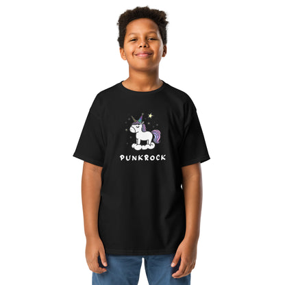 Child wearing a black t-shirt with a unicorn graphic and 'Punkrock' text on a white background
