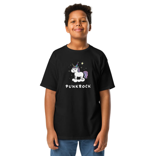 Child wearing a black t-shirt with a unicorn graphic and 'Punkrock' text on a white background