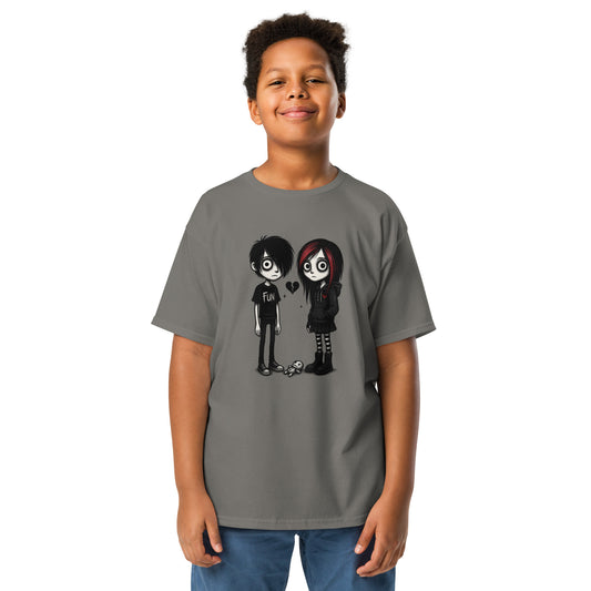 Child wearing a gray t-shirt with cartoon characters and a heart on a white background