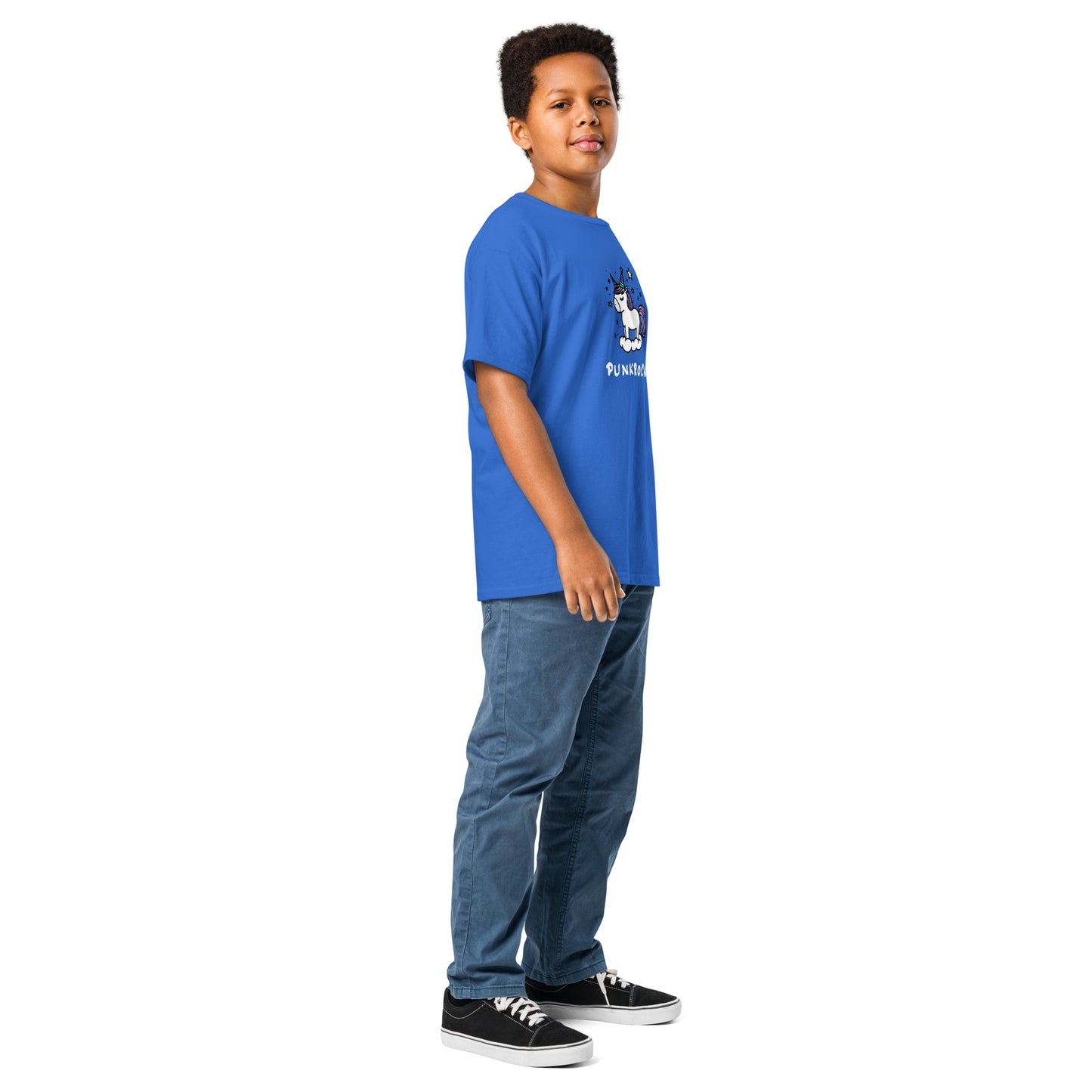 Child wearing a blue t-shirt with a logo on a white background
