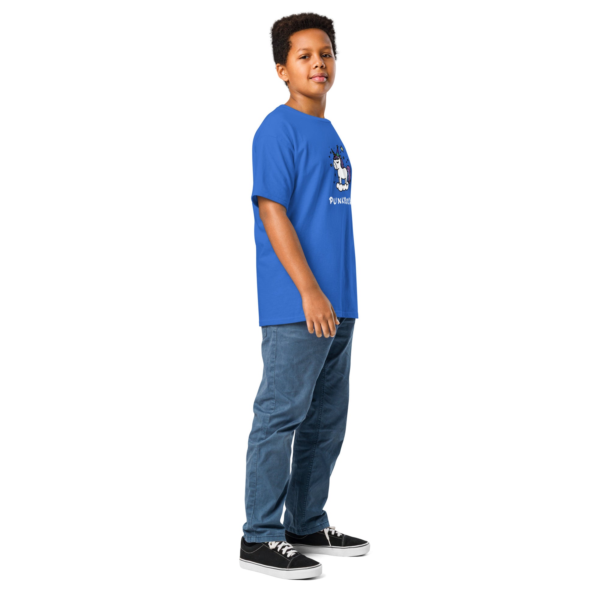 Child wearing a blue t-shirt with a logo on a white background